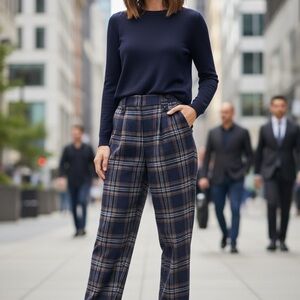 Navy and Brown Plaid Women's Trousers